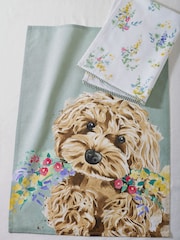 Set of 2 Sage Green Charlie Cockapoo 100% Cotton Tea Towels - Image 4 of 4