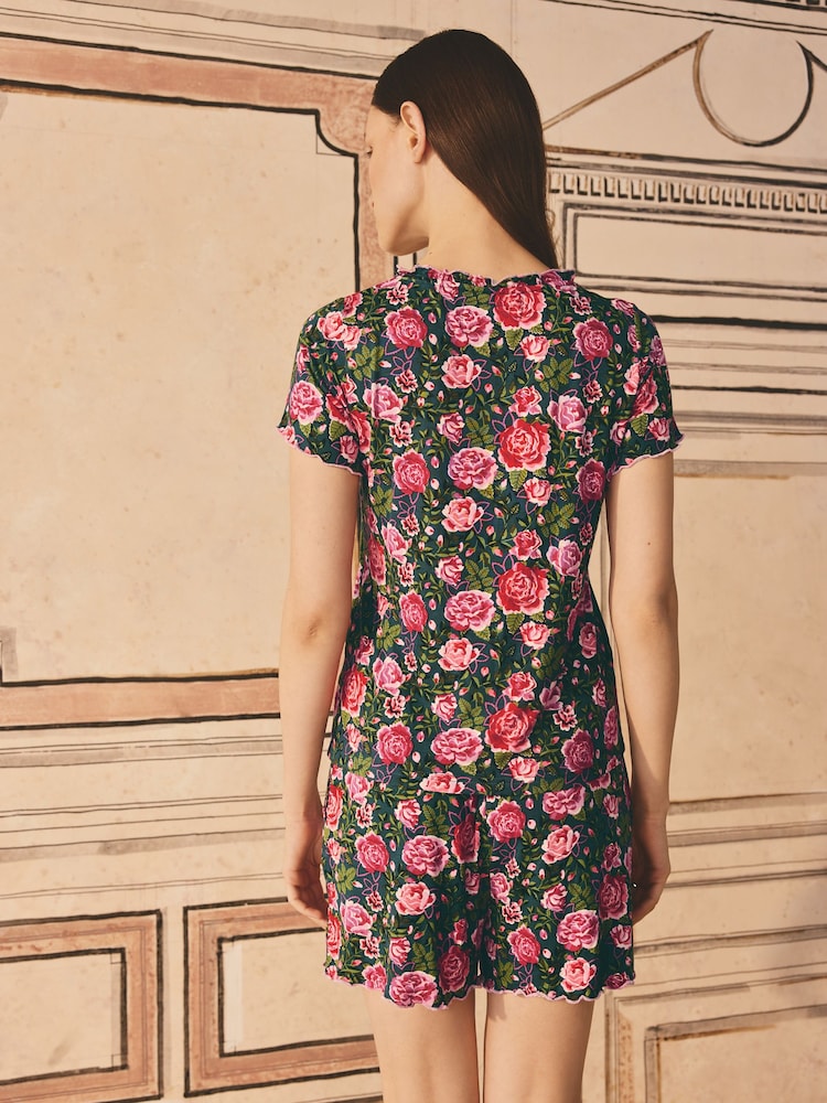 Cath Kidston Green Rose Jersey Viscose Frill Pyjamas Shorts Set - Image 2 of 8