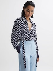 Reiss Navy/White Ezra Polka Dot Long Sleeve Neck Tie Blouse - Image 1 of 5
