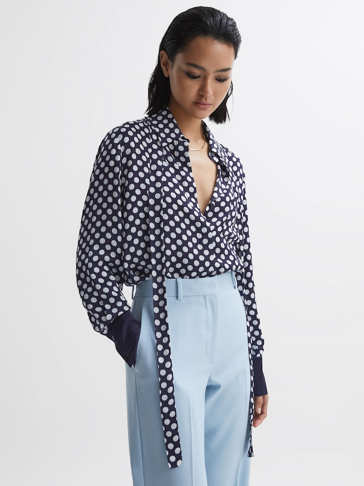 Reiss Navy/White Ezra Polka Dot Long Sleeve Neck Tie Blouse - Image 1 of 5