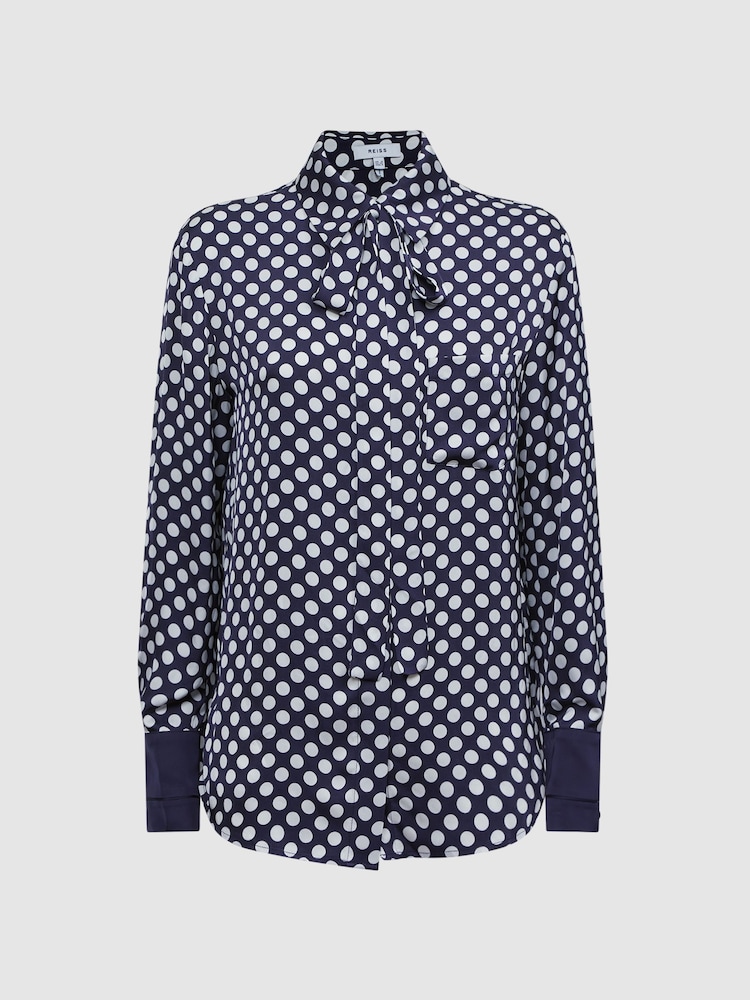 Reiss Navy/White Ezra Polka Dot Long Sleeve Neck Tie Blouse - Image 2 of 5