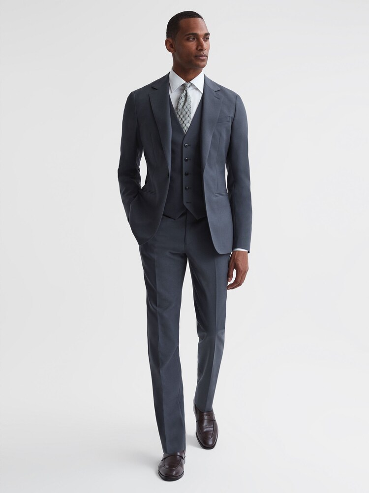 Reiss Airforce Blue Fine Five Button Wool Slim Fit Waistcoat - Image 1 of 4 Reiss Airforce Blue Fine Five Button Wool Slim Fit Waistcoat - Image 1 of 4