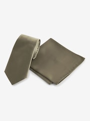 Olive Green Satin Tie And Pocket Square Set - Image 1 of 5