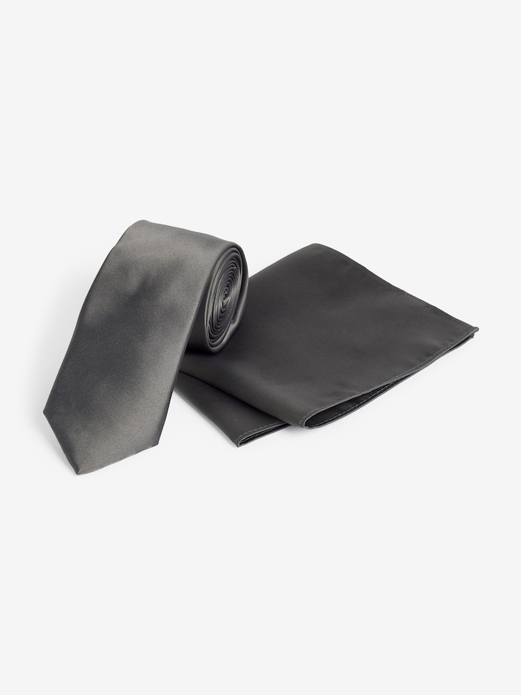 Charcoal Grey Satin Tie And Pocket Square Set - Image 1 of 5