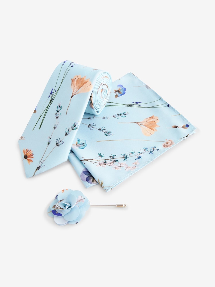 Light Blue Pressed Flower Tie, Pocket Square And Pin Set - Image 1 of 5