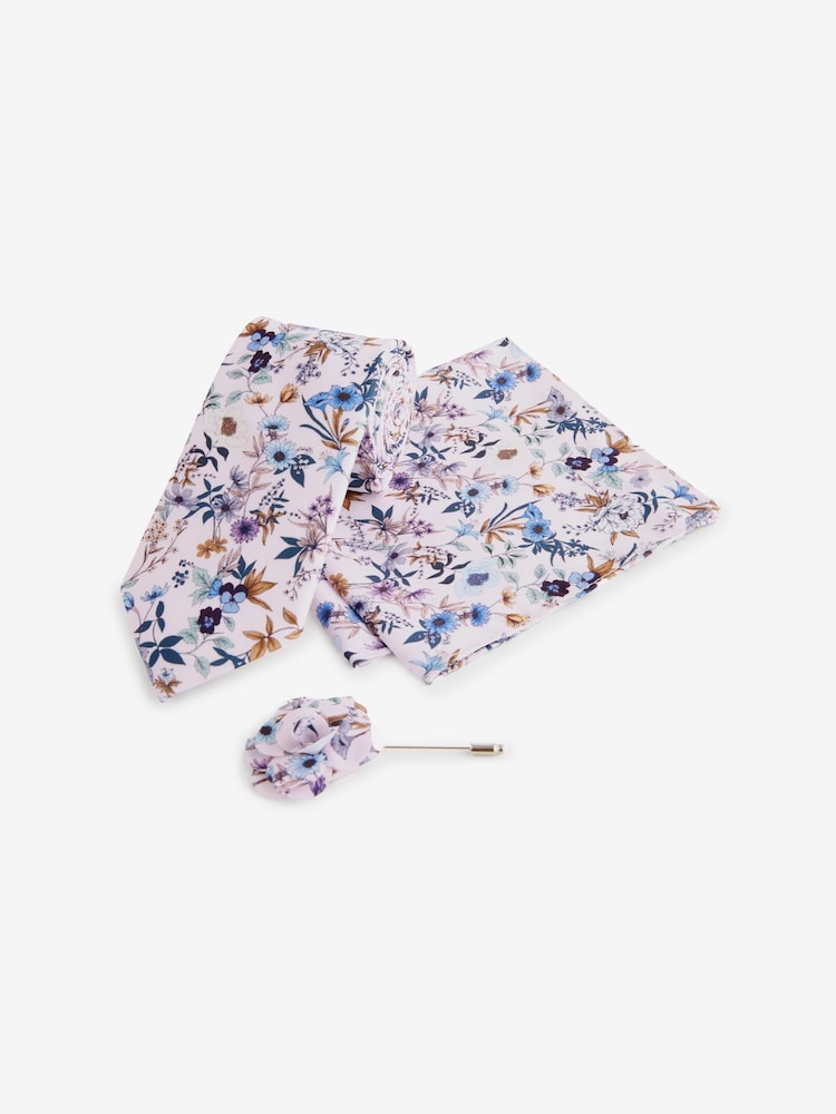 Light Pink Floral Tie, Pocket Square And Pin Set - Image 1 of 5 Light Pink Floral Tie, Pocket Square And Pin Set - Image 1 of 5