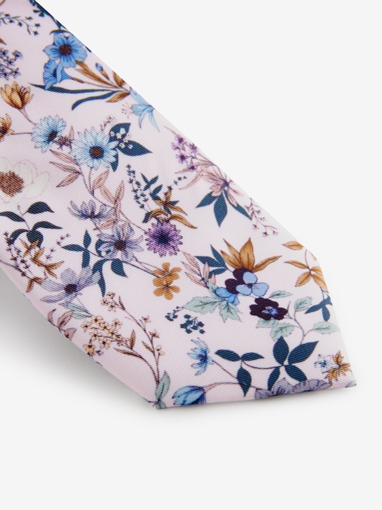 Light Pink Floral Tie, Pocket Square And Pin Set - Image 2 of 5 Light Pink Floral Tie, Pocket Square And Pin Set - Image 2 of 5