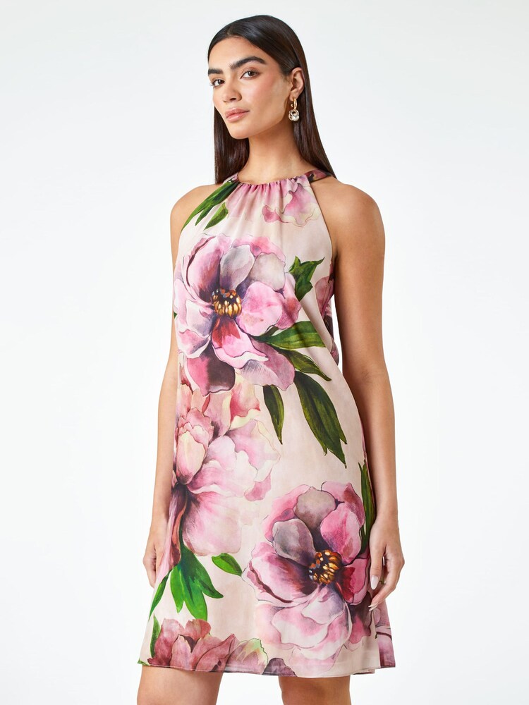 Roman Pink Floral Halterneck Shift Dress - Image 1 of 1