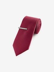 Red Slim Textured Tie And Clip Set - Image 1 of 3