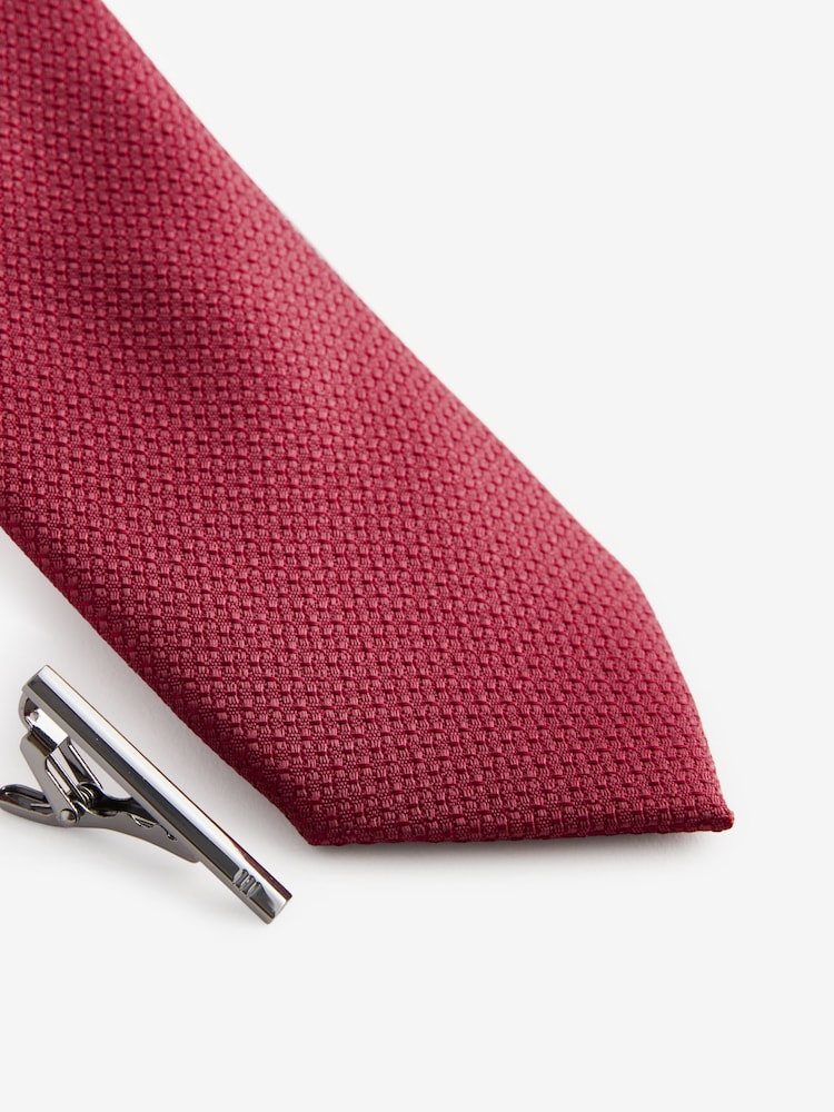 Red Slim Textured Tie And Clip Set - Image 2 of 3