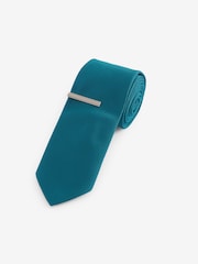 Teal Blue Slim Textured Tie And Clip Set - Image 1 of 3