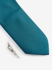 Teal Blue Slim Textured Tie And Clip Set - Image 2 of 3