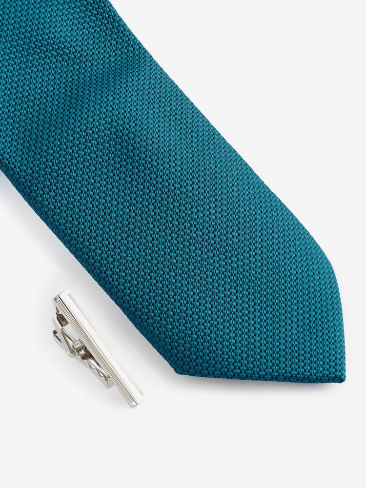 Teal Blue Slim Textured Tie And Clip Set - Image 2 of 3