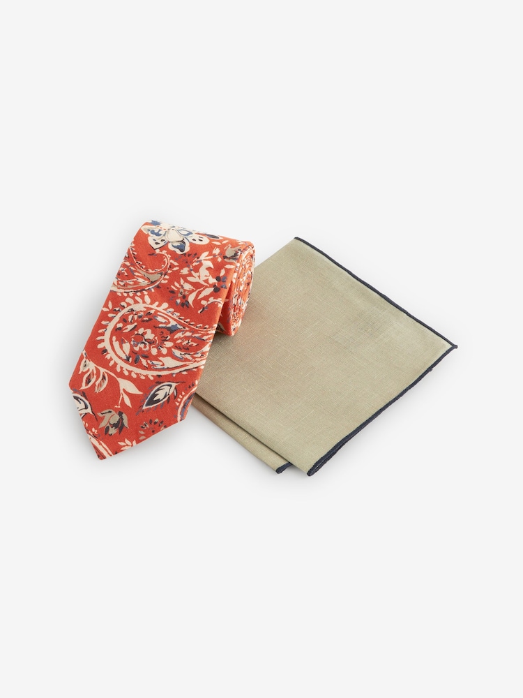 Batik Orange/Neutral Brown 100% Linen Tie And Pocket Square Set - Image 1 of 5 Batik Orange/Neutral Brown 100% Linen Tie And Pocket Square Set - Image 1 of 5