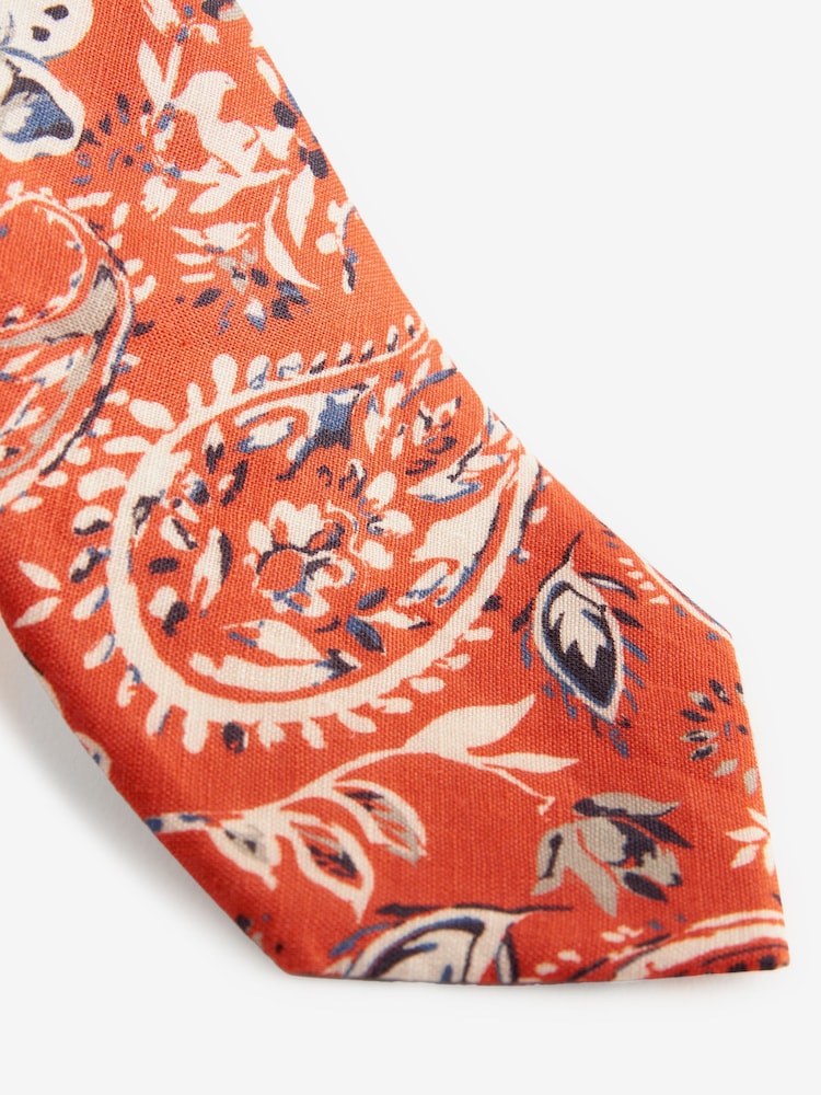 Batik Orange/Neutral Brown 100% Linen Tie And Pocket Square Set - Image 2 of 5 Batik Orange/Neutral Brown 100% Linen Tie And Pocket Square Set - Image 2 of 5