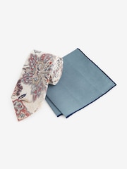 Neutral Brown Sarasa/Blue 100% Linen Tie And Pocket Square Set - Image 1 of 5