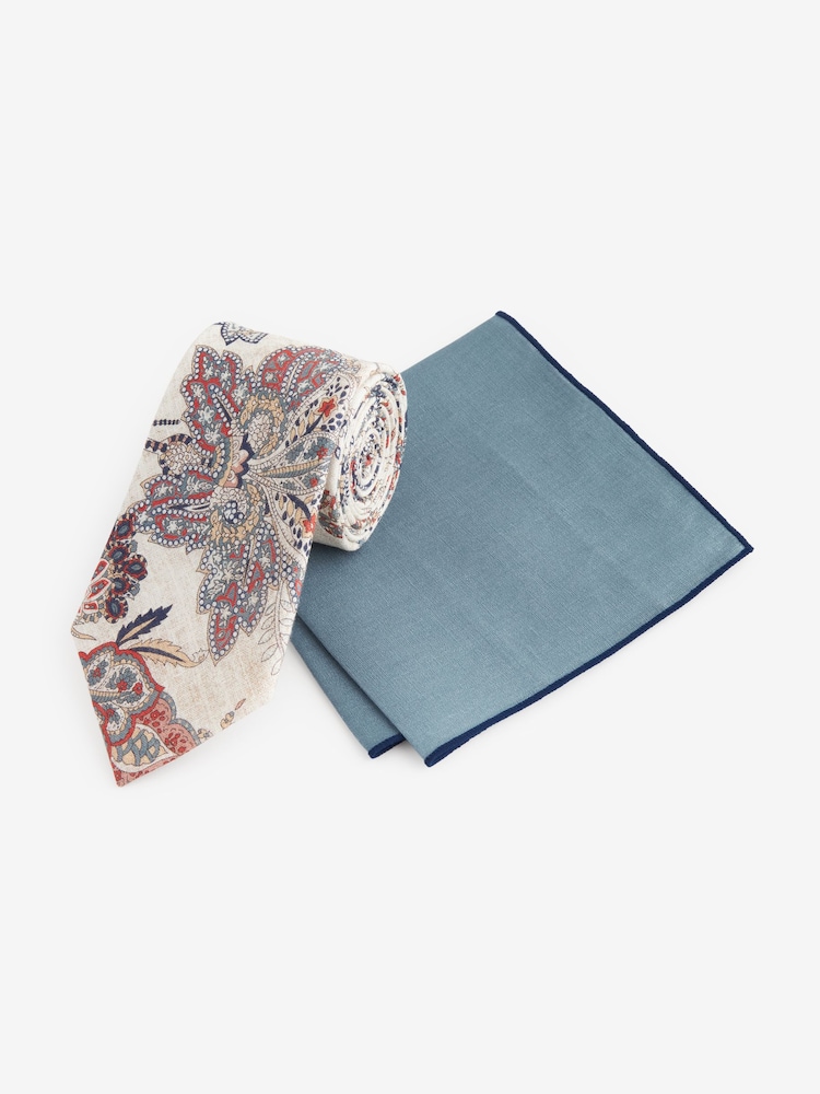 Neutral Brown Sarasa/Blue 100% Linen Tie And Pocket Square Set - Image 1 of 5