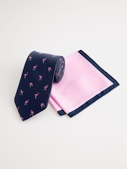 Navy Blue Flamingo/Pink Tie And Pocket Square Set - Image 1 of 5