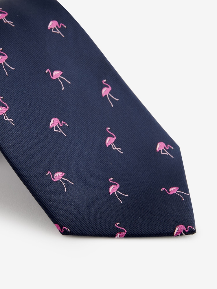 Navy Blue Flamingo/Pink Tie And Pocket Square Set - Image 2 of 5