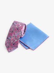 Pink Floral/Blue Slim Tie And Pocket Square Set - Image 1 of 5
