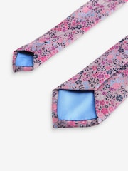 Pink Floral/Blue Slim Tie And Pocket Square Set - Image 3 of 5