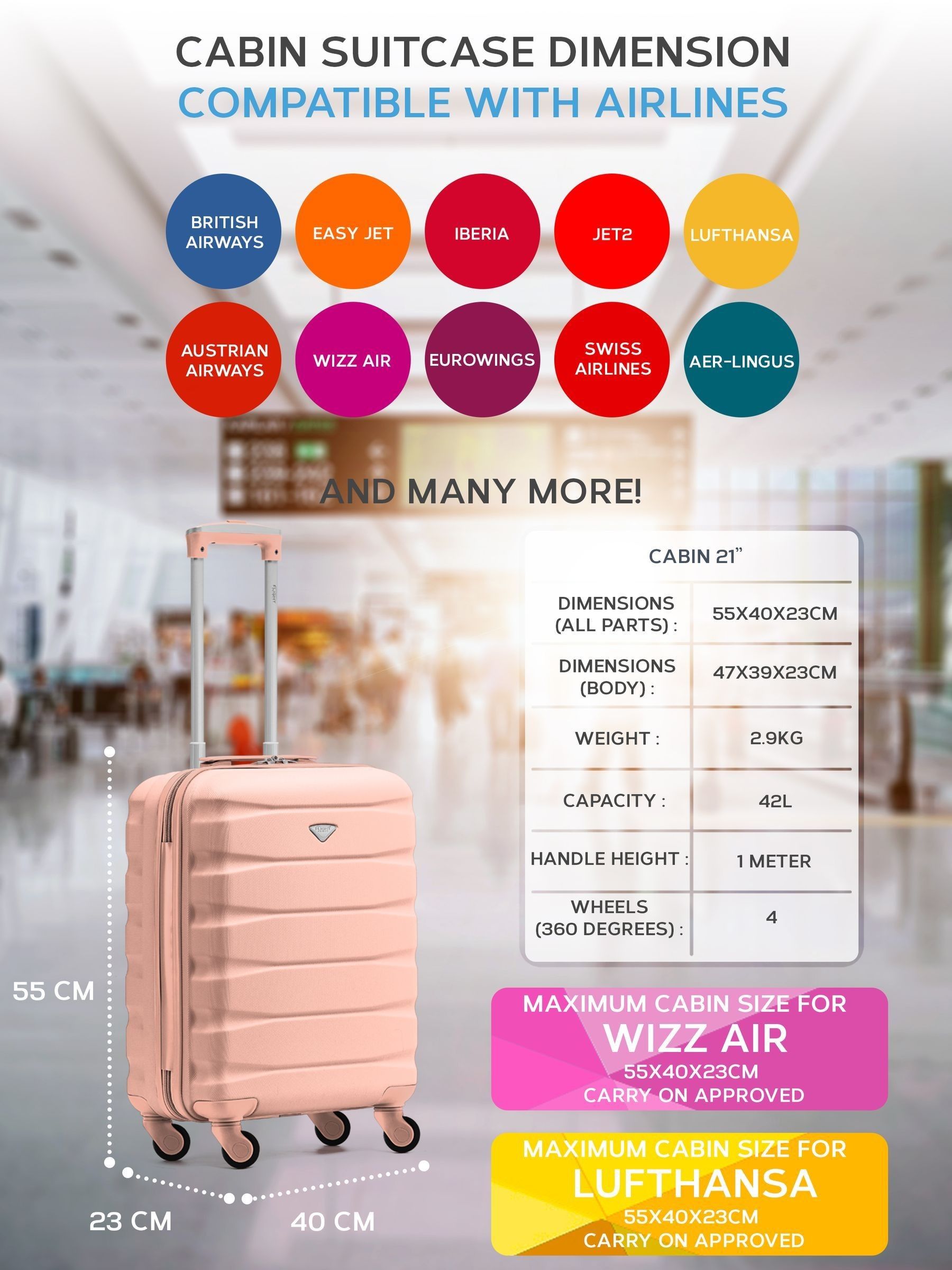 Buy Flight Knight Pink 55x40x23cm 4 Wheel ABS Hard Case Cabin