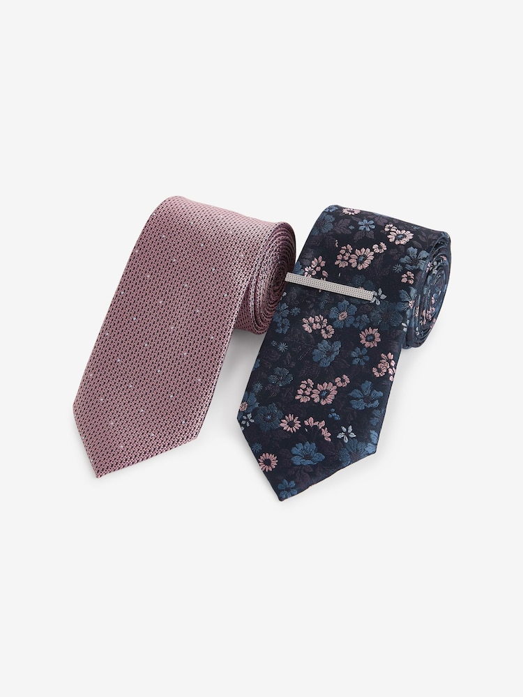 Pink Floral/Pink Polka Dot Design Ties And Tie Clip 2 Pack - Image 1 of 3