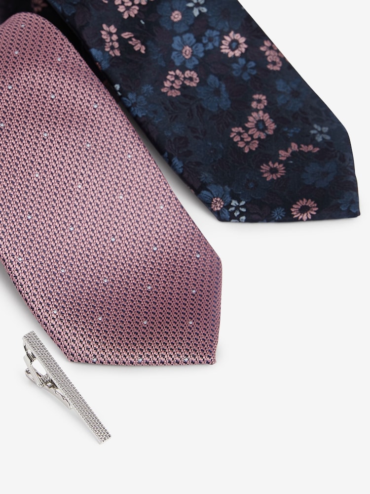 Pink Floral/Pink Polka Dot Design Ties And Tie Clip 2 Pack - Image 2 of 3