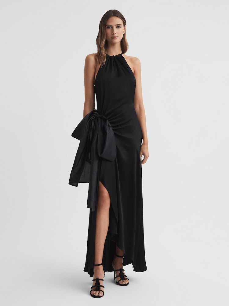 Reiss Black Luna Satin Bow Halterneck Maxi Dress - Image 1 of 5