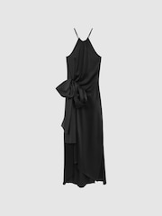 Reiss Black Luna Satin Bow Halterneck Maxi Dress - Image 2 of 5