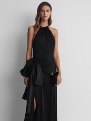 Reiss Black Luna Satin Bow Halterneck Maxi Dress - Image 4 of 5