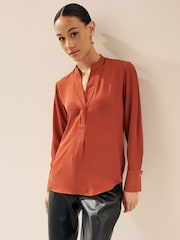 Rust Brown Long Sleeve Overhead V-Neck Relaxed Fit Blouse - Image 1 of 7