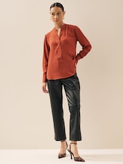 Rust Brown Long Sleeve Overhead V-Neck Relaxed Fit Blouse - Image 2 of 7