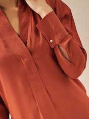 Rust Brown Long Sleeve Overhead V-Neck Relaxed Fit Blouse - Image 5 of 7