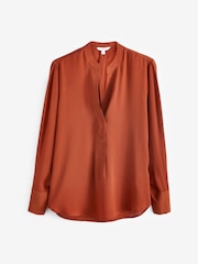 Rust Brown Long Sleeve Overhead V-Neck Relaxed Fit Blouse - Image 6 of 7