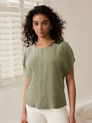 Sage Green Gathered Short Sleeve Textured Boxy T-Shirt - Image 1 of 6