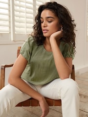 Sage Green Gathered Short Sleeve Textured Boxy T-Shirt - Image 3 of 6