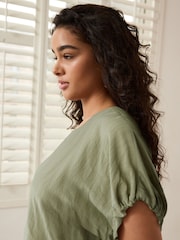 Sage Green Gathered Short Sleeve Textured Boxy T-Shirt - Image 4 of 6