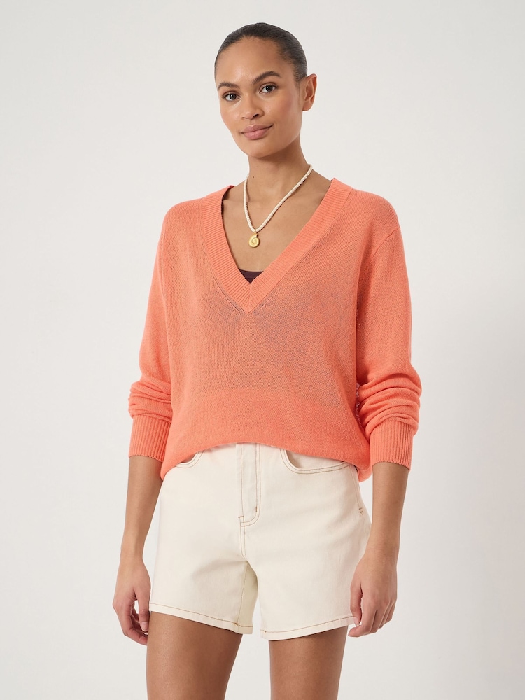 Hush Orange Coralie Linen Blend V-Neck Jumper - Image 1 of 5