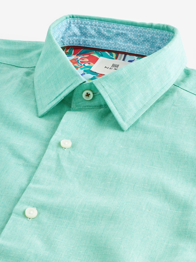 Mint Green Regular Fit Trimmed Linen Blend Short Sleeve Shirt - Image 8 of 8