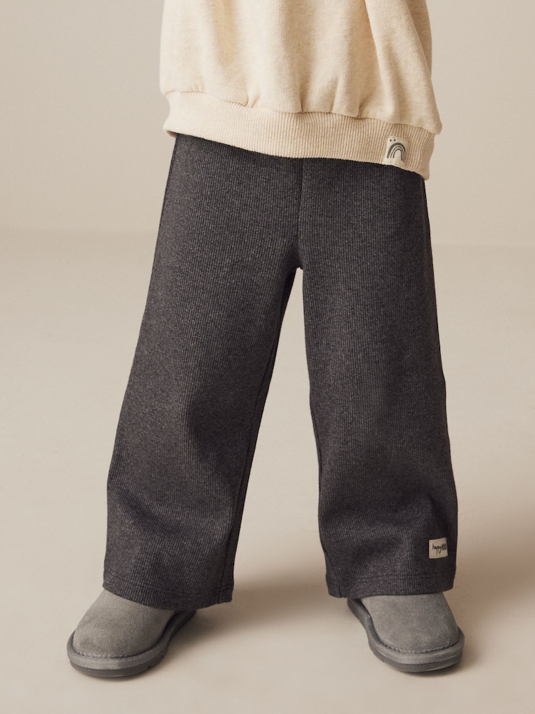 Charcoal Grey Ribbed Wide Leg Trousers (3mths-7yrs) - Image 1 of 7