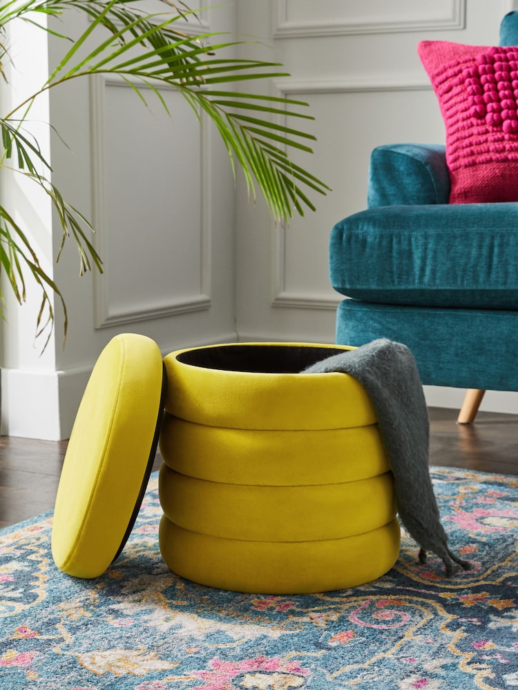Soft Velvet Chartreuse Yellow Stella Ribbed Storage Stool - Image 2 of 8