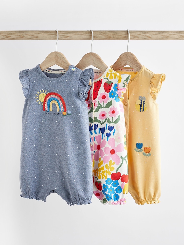 Blue/ Yellow Character Baby Rompers 3 Pack - Image 1 of 10