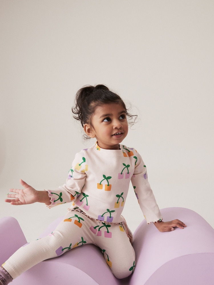 Ecru Rainbow Cherries Cotton Rich Ribbed Leggings (3mths-7yrs) - Image 2 of 8