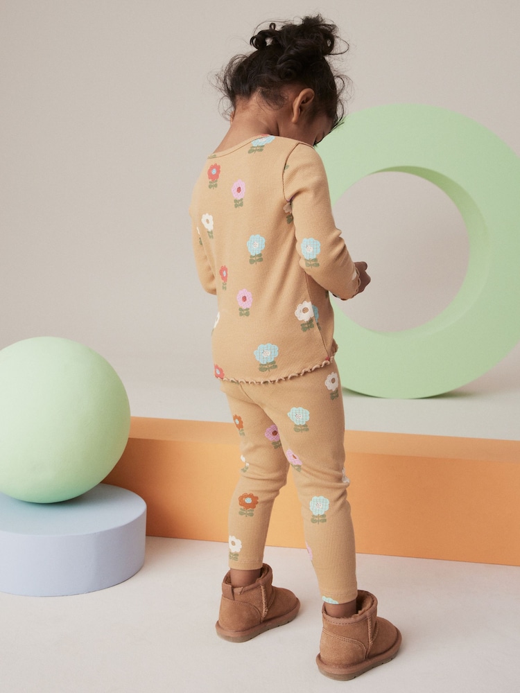 Ocker-/Creamfarbene Pastellblumen - Gerippte Jerseyleggings (3 Monate bis 7 Jahre) - Bild 2 von 6