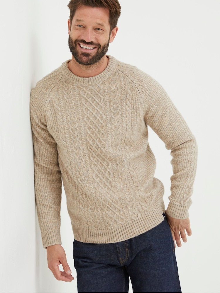 FatFace Natural Calder Cable Crew Jumper - Image 1 of 5 FatFace Natural Calder Cable Crew Jumper - Image 1 of 5