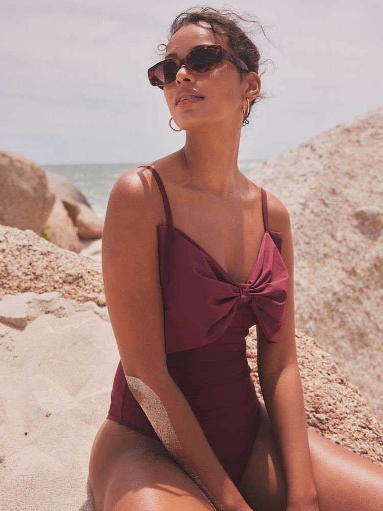 Wine Oversized Bow Detail Tummy Shaping Control Swimsuit - Image 3 of 6