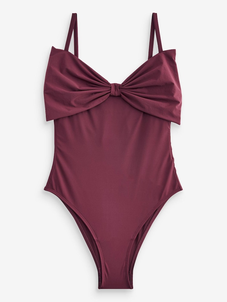 Wine Oversized Bow Detail Tummy Shaping Control Swimsuit - Image 6 of 6