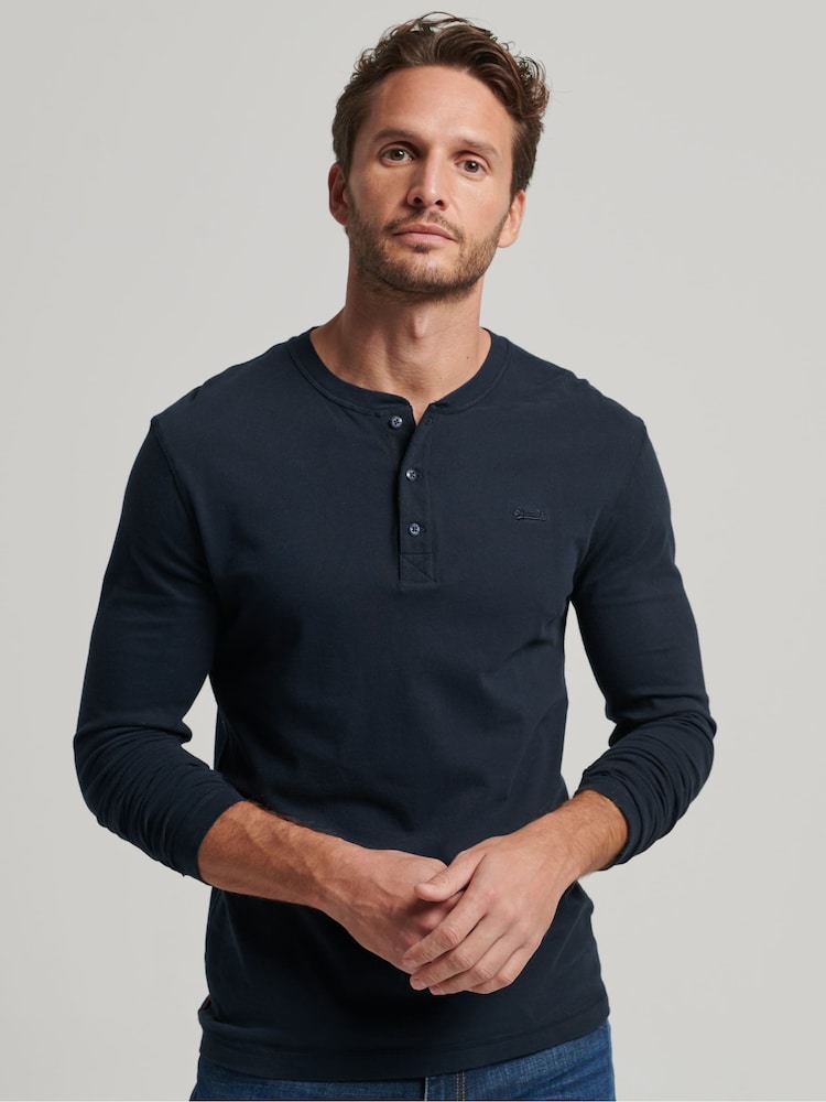 Superdry Eclipse Navy Cotton Vintage Logo Embroidered Henley Top - Image 1 of 5