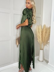 AX Paris Green High Neck Puff Sleeve Zig Zag Hem Pleated Midi Dress - Image 2 of 4